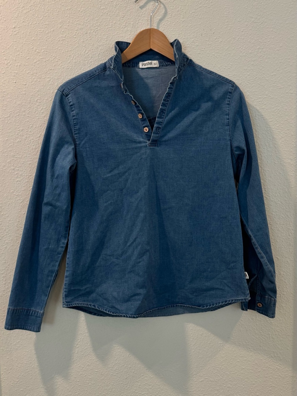Pastels Indigo Ruffled Collar Denim Top